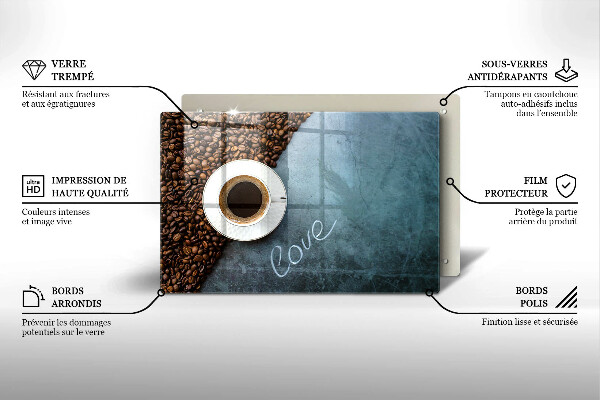 Tábua de corte de vidro Grãos de café e uma xícara