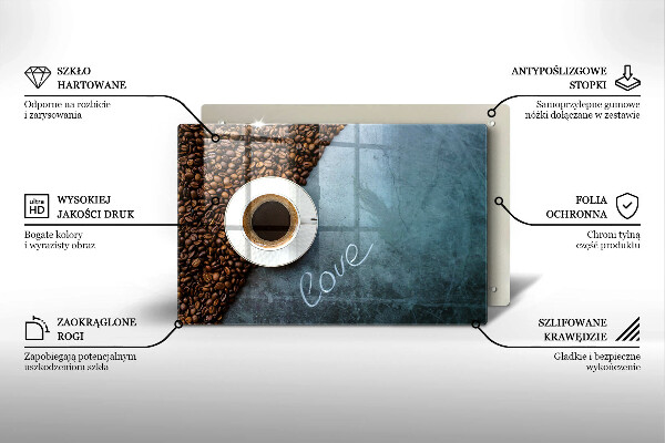 Tábua de corte de vidro Grãos de café e uma xícara