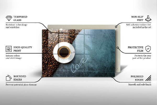 Tábua de corte de vidro Grãos de café e uma xícara