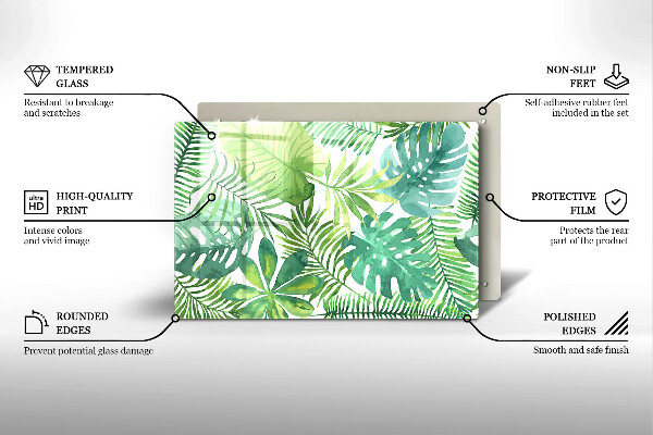 Tábua de corte de vidro Folhas boho em aquarela