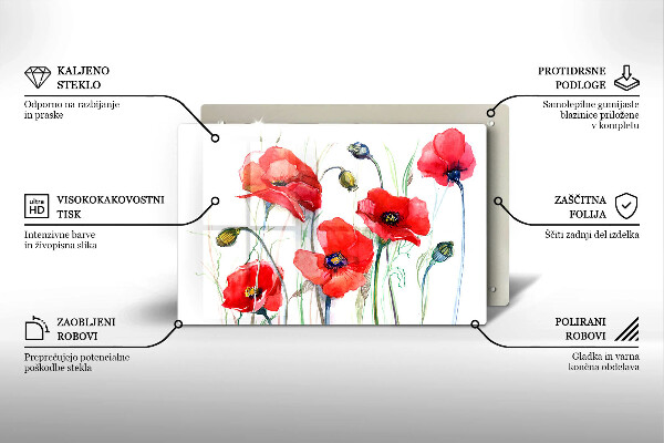 Tábua para corte flores de papoulas vermelhas