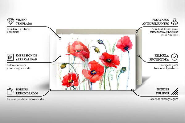 Tábua para corte flores de papoulas vermelhas