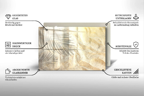 Tábua para corte Folhas de palmeira e areia