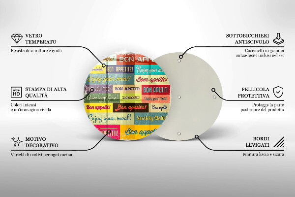 Tábua de cortar de vidro Bon appetit legendas idiomas
