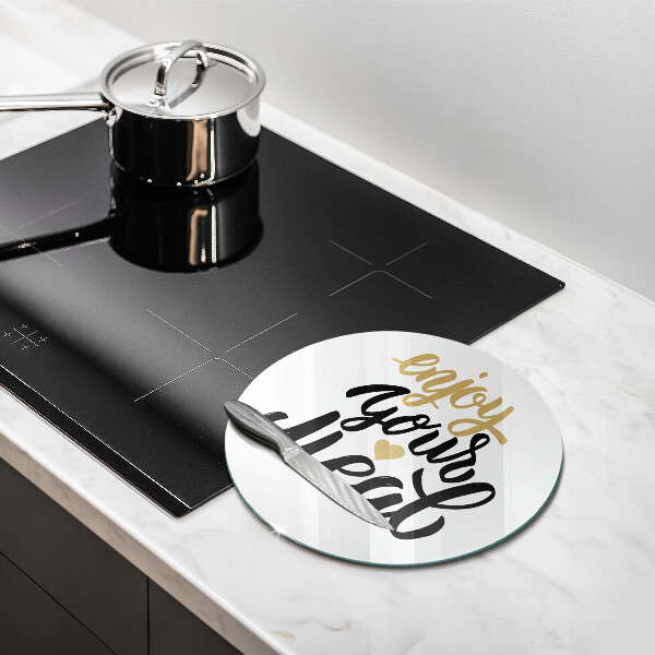 Tábua de vidro A inscrição Aproveite sua refeição