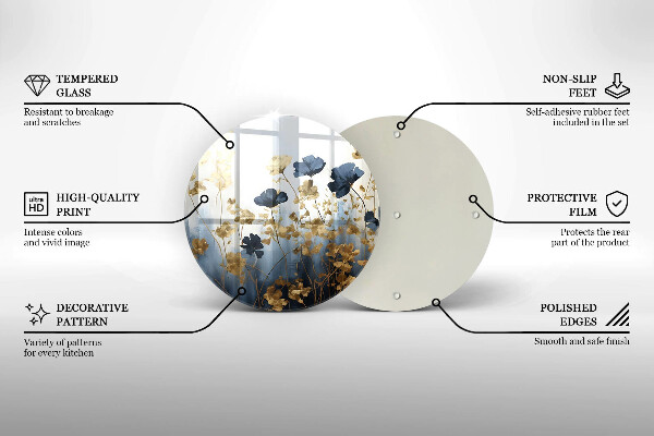 Tábua de cortar de vidro Flores azuis e douradas