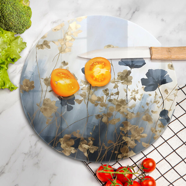 Tábua de cortar de vidro Flores azuis e douradas