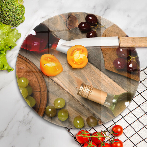 Tábua de cortar alimentos Garrafas de vinho e uvas