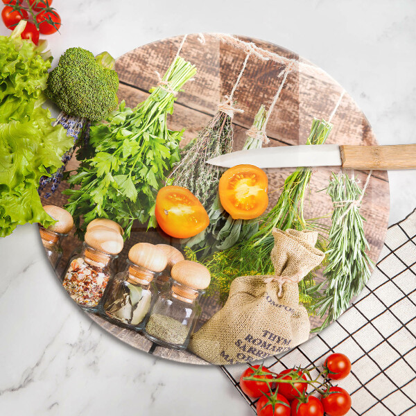 Tábua de cortar de vidro Ervas, especiarias e madeira