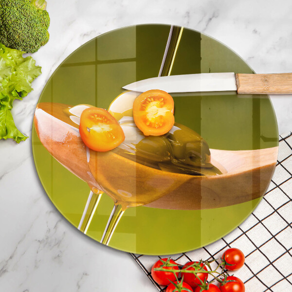 Tábua de corte de vidro Azeite e azeitonas