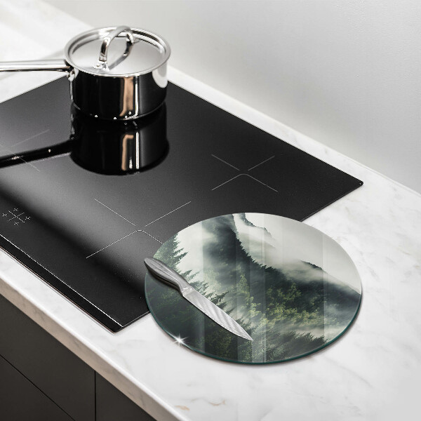 Tábua de cortar de vidro Paisagem de floresta e neblina