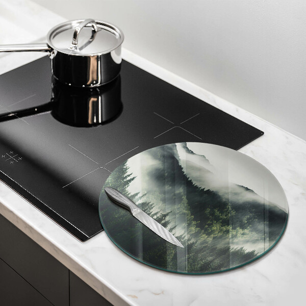 Tábua de cortar de vidro Paisagem de floresta e neblina