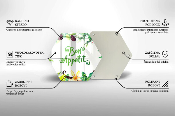 Tábua de vidro A inscrição Bon Appetit