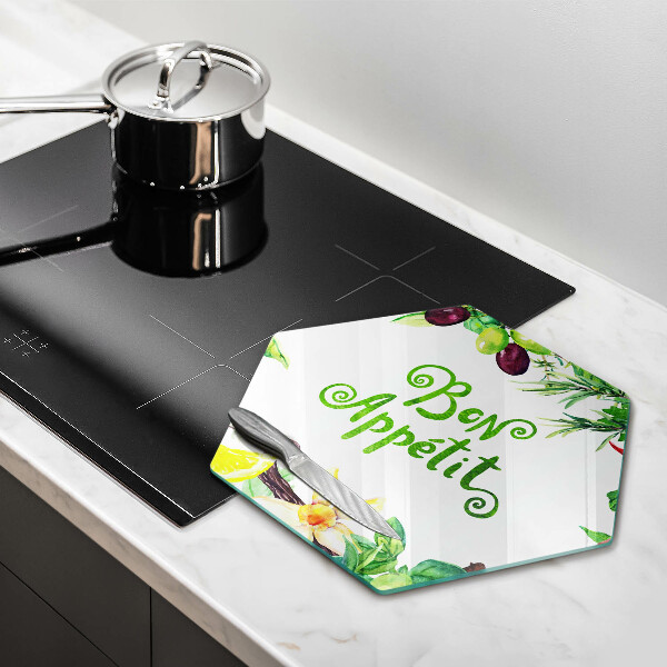 Tábua de vidro A inscrição Bon Appetit
