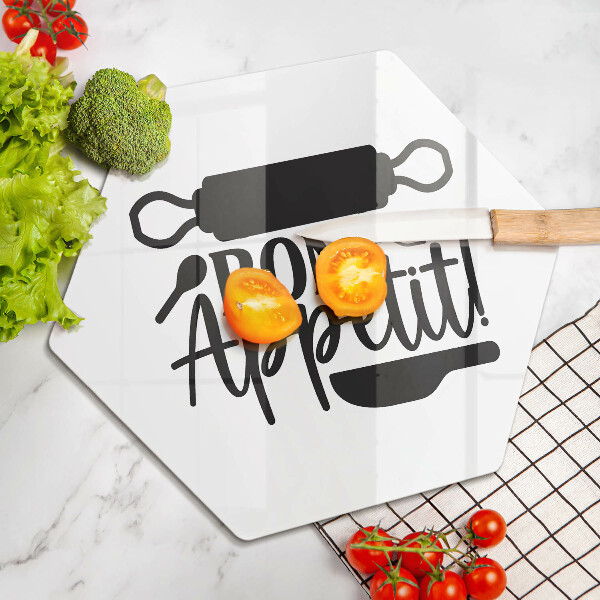 Tábua de vidro A inscrição Bon Appetit