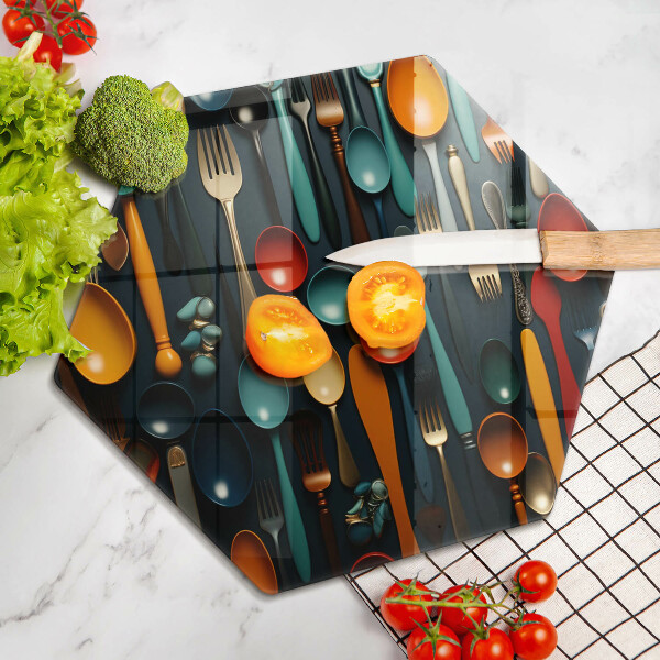 Tábua de corte de vidro Colheres e garfos coloridos