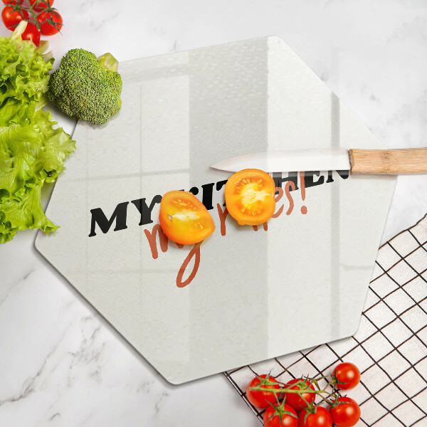 Tábua de cortar de vidro A inscrição Minha cozinha minhas regras