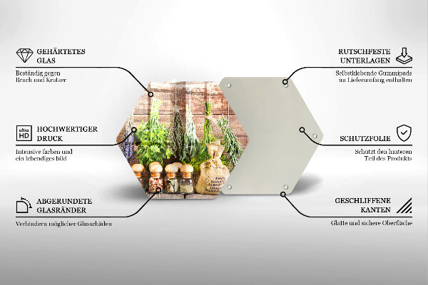 Tábua de corte de vidro Ervas, especiarias e madeira