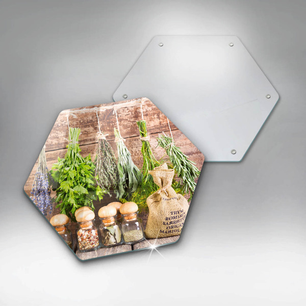 Tábua de corte de vidro Ervas, especiarias e madeira