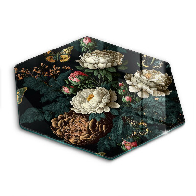 Tábua de corte de vidro Flores de peônia vintage