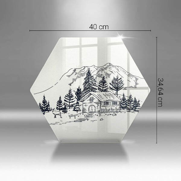 Tábua cozinha Desenho de uma casa de campo nas montanhas