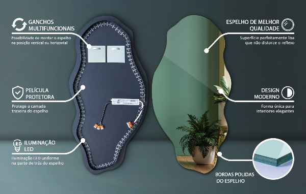 Espelho orgânico led decorativo 45x90 cm