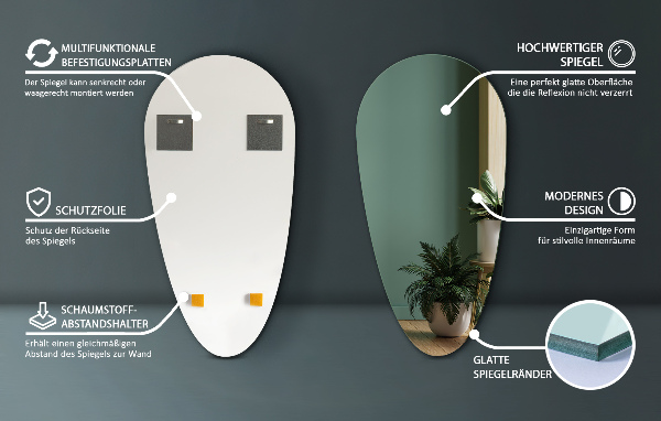 Espelho de forma irregular em forma de lágrima sem moldura 35x70 cm