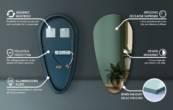 Espelho led gota de água 45x90 cm