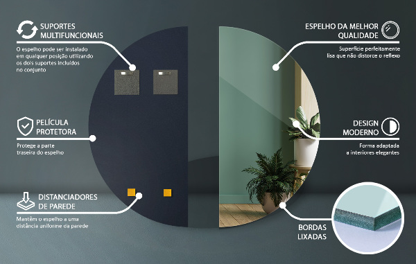 Espelho semi-circular minimalista sem moldura 25x50 cm