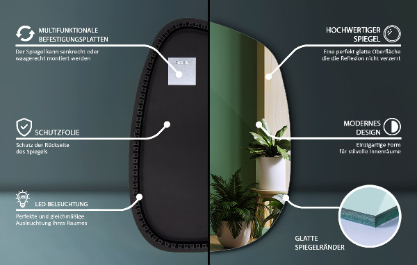 Espelho irregular com LED em forma de mancha 91x66 cm