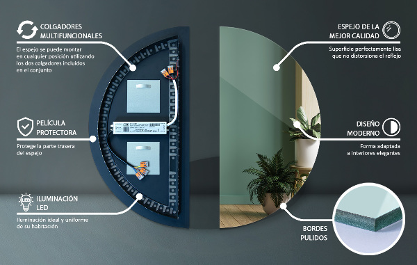 Espelho de meio-círculo com iluminação led 25x50 cm