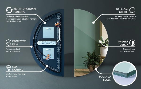 Espelho de meio-círculo com iluminação led 25x50 cm