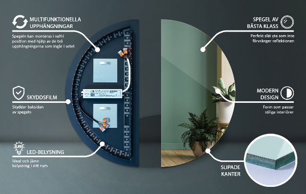 Espelho semicircular com iluminação led 45x90 cm