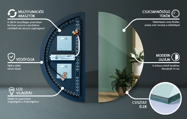 Espelho semicircular led para parede 50x100 cm