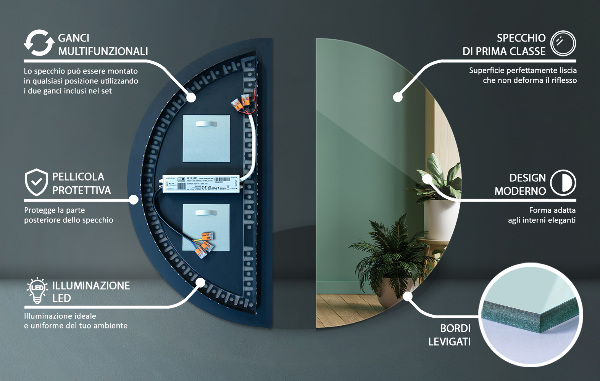 Espelho semicircular led para parede 50x100 cm
