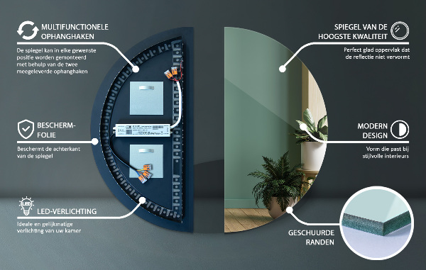 Espelho semicircular led para parede 50x100 cm