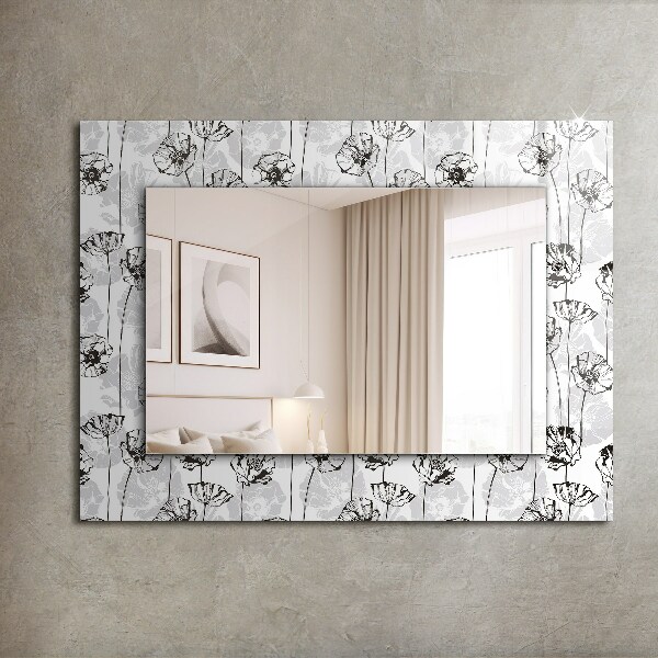 Espelho com moldura decorada com desenho monocromático de flores