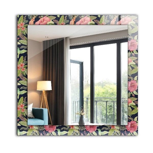 Espelho decorativo com tema de flores e pássaros