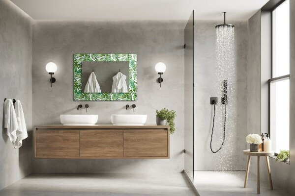 Espelho com moldura decorada com folhas verdes tropicais