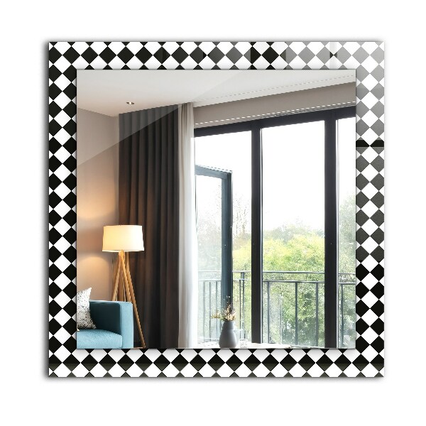 Espelho decorativo com estampa de tabuleiro de xadrez em preto e branco