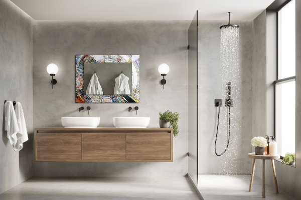 Espelho circular com moldura decorada em estilo mosaico abstrato