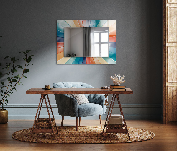 Espelho decorativo com estampa de feixes de luz coloridos
