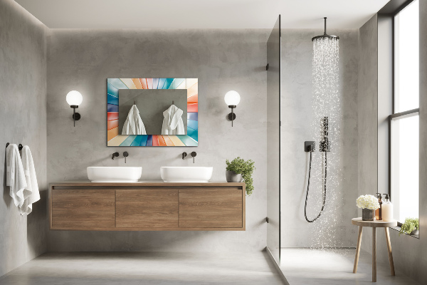 Espelho decorativo com estampa de feixes de luz coloridos