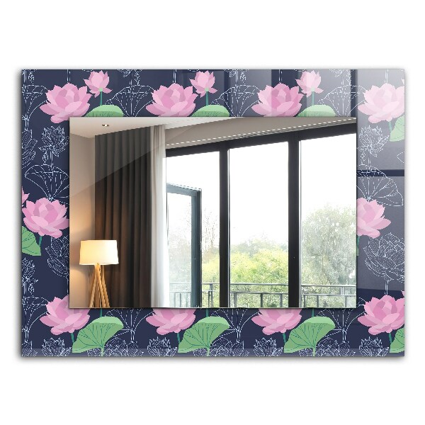 Espelho com moldura decorada com flores de lótus na cor rosa