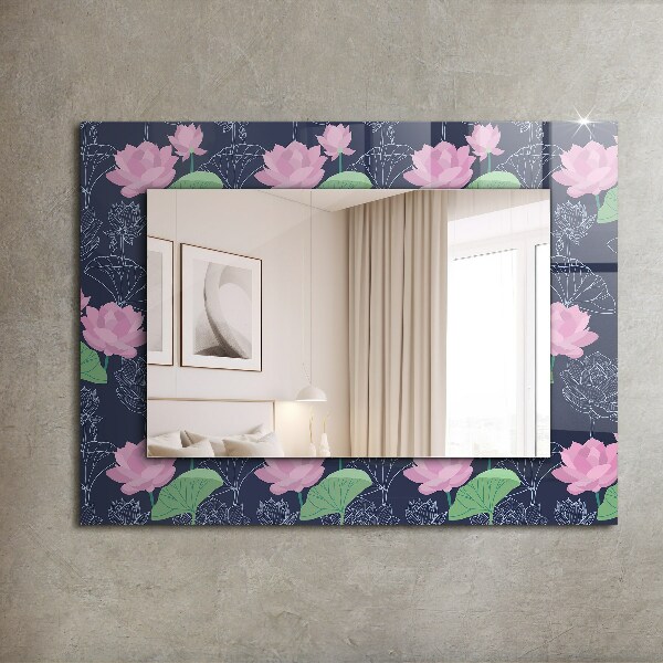Espelho com moldura decorada com flores de lótus na cor rosa