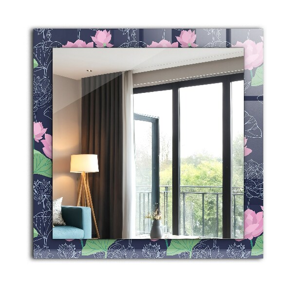 Espelho com moldura decorada com flores de lótus na cor rosa