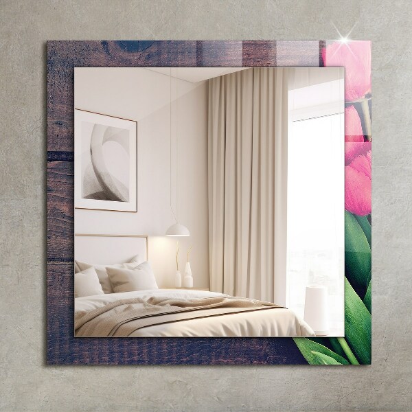 Espelho decorativo de madeira com tulipas cor-de-rosa