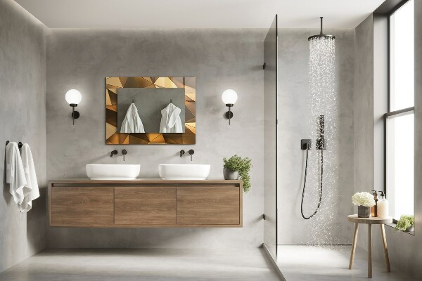Espelho com moldura decorada com motivos geométricos dourados