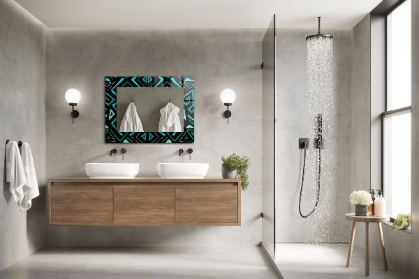 Espelho decorativo com motivos geométricos em turquesa