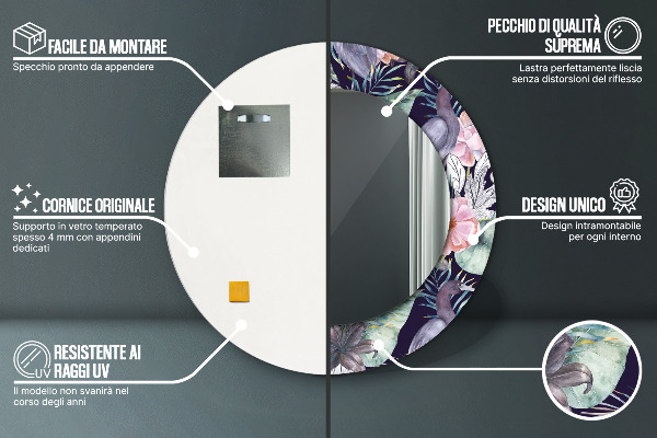 Espelho com moldura impressa redondo Garças